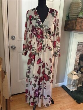 Cream Maxi Wrap Dress with Burgundy Floral Print 52” long
